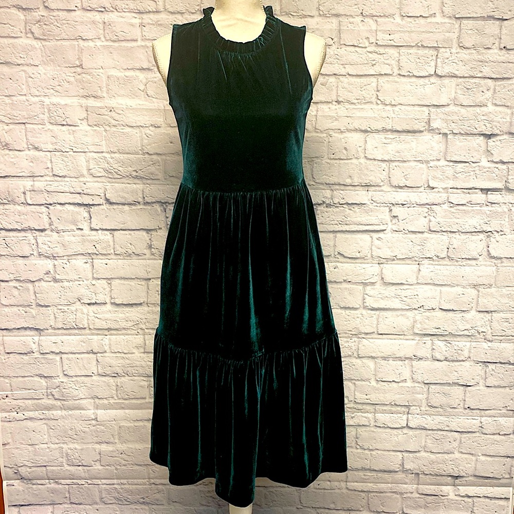 J Crew Factory Green Velvet Tiered Midi Dress Size 2P